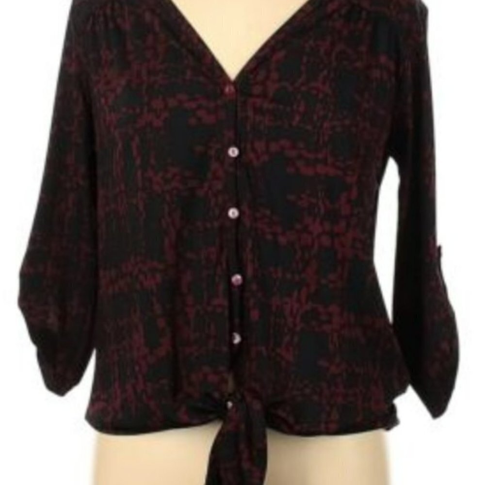 Verve Ami Women Black Red Pattern 3/4 Sleeve Blouse Tie Waist Button Down